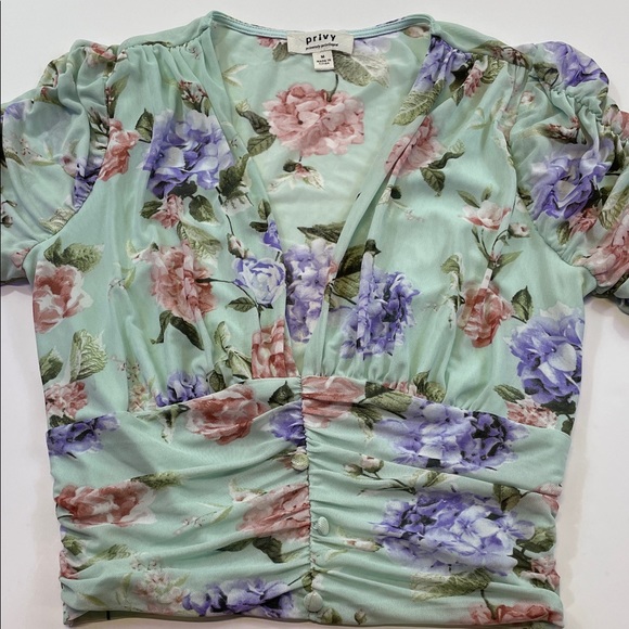 Privy Mint Green Floral Ruched Puff Sleeve Blouse Women’s Sz M - Picture 1 of 8